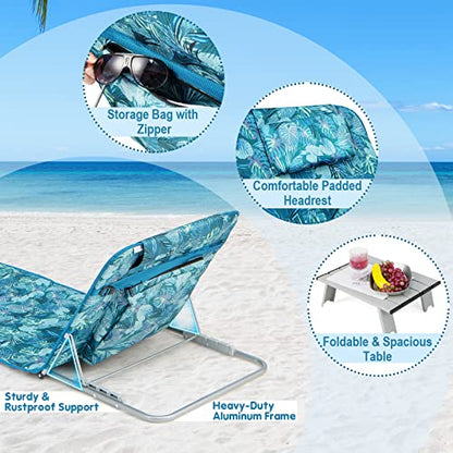 Goplus Beach Chairs with Side Table, 2 Pack Folding Lounge Chairs for Adults, with 5 Adjustable Position, Backpack Lightweight Reclining Lounge Chair for Lawn Camping Picnic Sunbath Pool (Blue&Green) - color: Blue&green