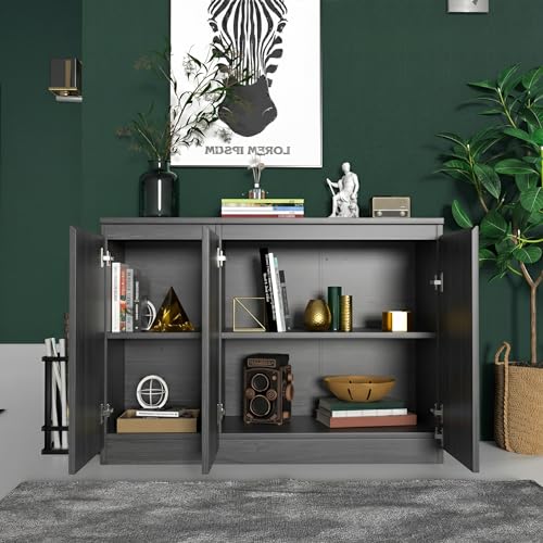 holzart 43" Dark Grey Buffet Cabinet Sideboard with Storage - Modern 3-Door Wood Grain Kitchen Cupboard & Coffee Bar Station for Dining Room, Living Room - Adjustable Shelf, 43.3" W x 31.5" H - color: Dark Grey