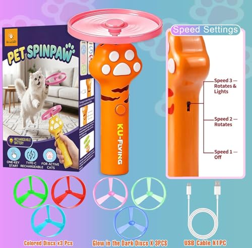 Cat Fetch Toy Auto Launcher 6 Discs 30m Range USB-C Rechargeable | Upgraded automatic disc launcher with 6 premium discs (3 glow). 30m range, USB-C rechargeable. Interactive indoor cat toy.