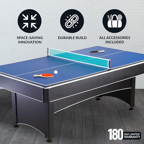 Hathaway Maverick 7 Foot Pool Table with Table Tennis Top – with Accessories for Both Games – Space-Saving Ping Pong and Pool Table Combo for Families – Matte Black Finish, Red Felt