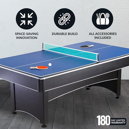 Hathaway Maverick 7 Foot Pool Table with Table Tennis Top – with Accessories for Both Games – Space-Saving Ping Pong and Pool Table Combo for Families – Matte Black Finish, Red Felt
