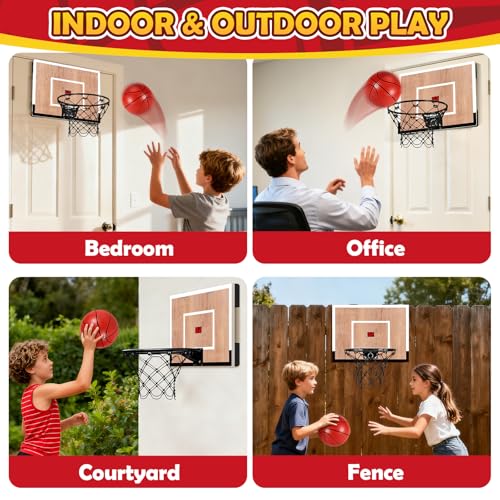NZQXJXZ Indoor Basketball Hoop for Kids, Mini Basketball Hoops Over The Door and Wall Mount with Wooden Backboard, 3 Balls and Pump, Idea Toys Gifts for Kids and Adult,Score Version