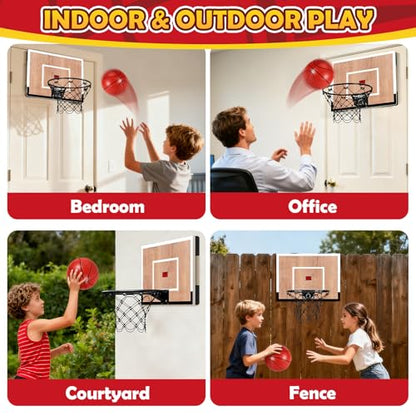 NZQXJXZ Indoor Basketball Hoop for Kids, Mini Basketball Hoops Over The Door and Wall Mount with Wooden Backboard, 3 Balls and Pump, Idea Toys Gifts for Kids and Adult,Score Version