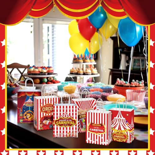 Kolldenn 48 Pcs Carnival Party Favor Bags Circus Gift Goodie Paper Bags with Handles Red White Stripe Circus Treat Candy Pouch for Carnival Party Supplies Birthday Mardi Gras Decorations - style: Circus