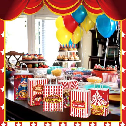 Kolldenn 48 Pcs Carnival Party Favor Bags Circus Gift Goodie Paper Bags with Handles Red White Stripe Circus Treat Candy Pouch for Carnival Party Supplies Birthday Mardi Gras Decorations - style: Circus