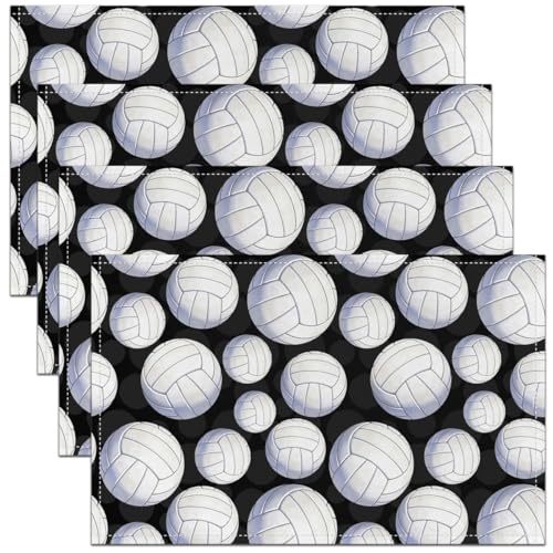 Volleyball Placemat Set of 4,Ball Sport Games Outdoor Indoor Place Mats,Black White Washable Durable Table Mats 12x18 Inch - color: Black White