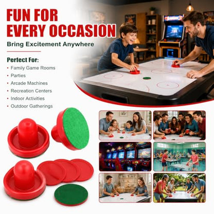 2 Sets Air Hockey Pusher and Puck Replacement Parts 60mm Red Striker Handles with Felt Pads and 51mm Red Round Pucks Air Hockey Table Accessories Plastic Mallet Goal Shooter Kit for Game Tables