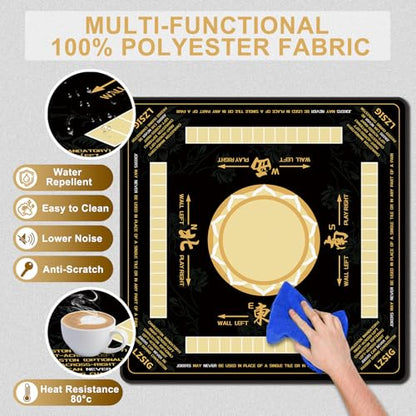 LZSIG Black Chinoiserie Mahjong Mat for Table with Rules, 33×33 Inches | Anti-Slip, Waterproof, Noise-Reducing Table Cover for American Mahjong, Poker, Board Games , Dominoes, and Card Games - color: Black