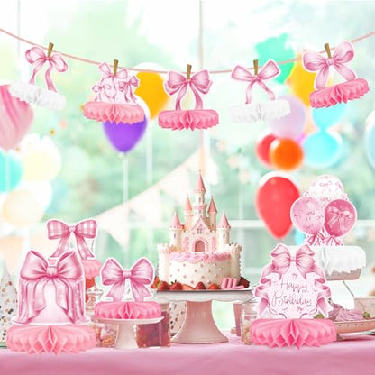 Pink Bow Birthday Decorations Set - Bow Party Decorations with Honeycomb Centerpieces & Table Centerpieces for Splendid Pink Bow Themed Party Supplies - style: pink bow
