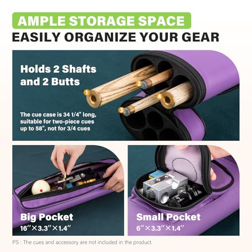 Trymaker Pool Cue Case, 2x2 Pool Stick Case (Not for 3/4) – Hard Billiard Bag for 2 Sticks, Billiard Accessories - color: Purple