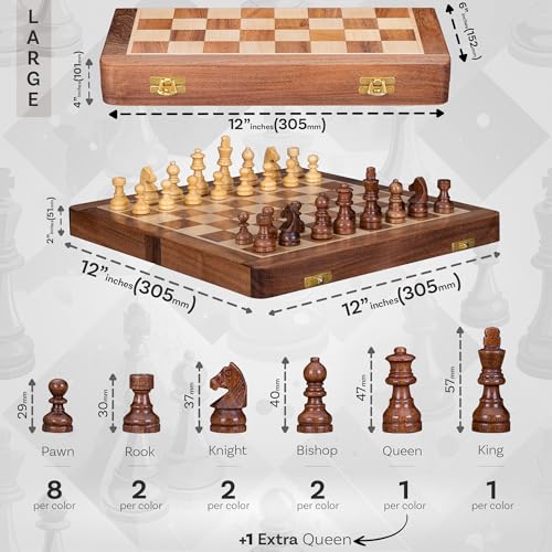 12" Large Wooden Chess Set - Handcrafted Chess Board Game with Magnetic Pieces & Storage - Deluxe Folding Board for Kids & Adults - Premium Acacia Wood Set for Home Decor, Coffee Table & Gift