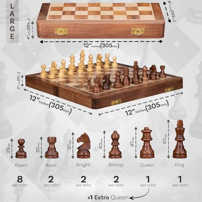 12" Large Wooden Chess Set - Handcrafted Chess Board Game with Magnetic Pieces & Storage - Deluxe Folding Board for Kids & Adults - Premium Acacia Wood Set for Home Decor, Coffee Table & Gift