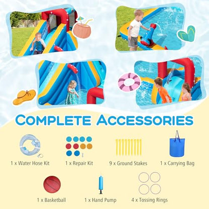 BOUNTECH Inflatable Water Slide Park, 9-in-1 Mega Water Bounce House Bouncy Castle w/2 Large Splash Pools, Basketball, Blow up Water Slide Inflatables for Big Kids Aged 3-12 Backyard Party Gifts - style: Without Air Blower
