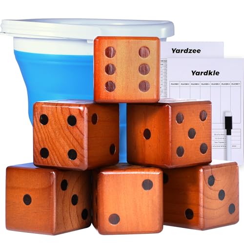 SpeedArmis 3.5" Giant Wooden Yard Dice Set - Large Lawn Yatzee with Scoreboard - Outdoor Beach Backyard Games for Adults Family (Including Collapsible Bucket)