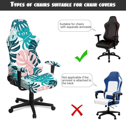 Monstera Print Gaming Chair Covers Slipcovers Skin Friendly Breathable Elastic Computer Desk Chair Cover with Armrest Covers for Ergonomic Game Rotating Office Chairs - color: Green and Pink - Monstera