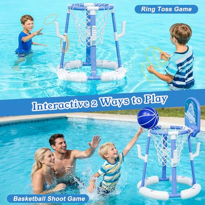 2 in 1 Pool Basketball Hoop with Backboard & Ring Toss Game,Floating Pool Toys with 4 Balls 8 Rings&Pump Summer Water Basketball Indoor Outdoor Toy Gifts Family Party for Kids Age 3-5 4-8 8-12& Adult - size: with backboard