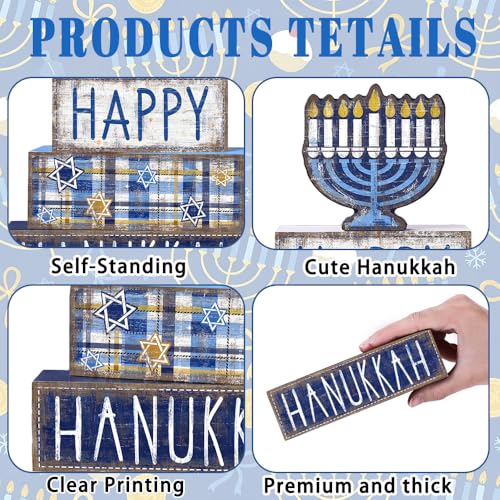 DIYDEC 4Pcs Hanukkah Table Decoration Happy Hanukkah Wooden Block Wooden Menorah Decoration Chanukah Table Centerpiece Sign Jewish New Year Decor for Holiday Gifts Tabletop Fireplace Shelf Desk Party - style: Hanukkah