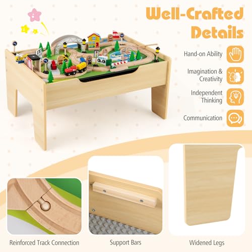 Costzon Train Table, 5 in 1 Kids Activity Wooden Set w/ 78 Pieces Railway Playset, Reversible Map Top, Blackboard, Building Bricks Station & Large Storage Space, Toddler Sensory Table for 18 M+ - size: 31" x 22.5" x 15.5" (L x W x H)