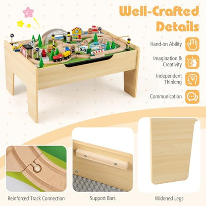 Costzon Train Table, 5 in 1 Kids Activity Wooden Set w/ 78 Pieces Railway Playset, Reversible Map Top, Blackboard, Building Bricks Station & Large Storage Space, Toddler Sensory Table for 18 M+ - size: 31" x 22.5" x 15.5" (L x W x H)