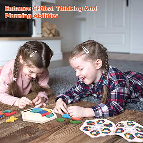 Vanmor Wooden Tangram Puzzle Brain Teaser for Kids Ages 3-8 & Adults, Shape Pattern Block Geometric Logic IQ Game with 60 Challenges, Montessori STEM Educational Gift Toy - color: Hexagon