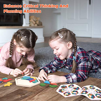 Vanmor Wooden Tangram Puzzle Brain Teaser for Kids Ages 3-8 & Adults, Shape Pattern Block Geometric Logic IQ Game with 60 Challenges, Montessori STEM Educational Gift Toy - color: Hexagon