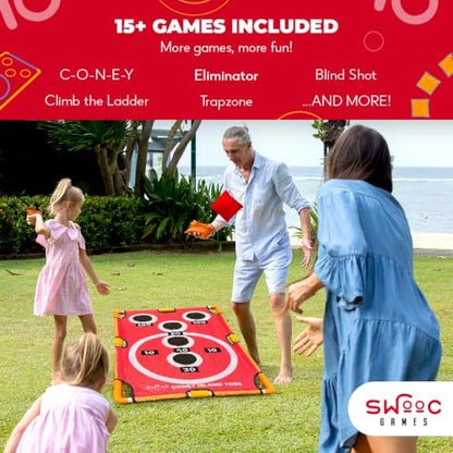 Swooc Games - Coney Island Toss™ - Arcade Style Cornhole Board Set w/Carrying Case & 15+ Games - Corn Hole Games for Adults - Kids Bean Bag Toss Game - Kids Cornhole Set w/Bags - Outdoor Yard Games