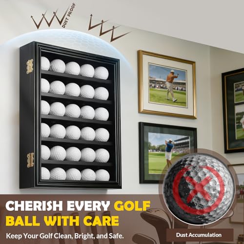 JupDec Golf Ball Display Case Frame for 30 Balls, Dustproof Solid Wood Holder Box with Unobstructed Clear View, Velvet Lined Cabinet with Removable Shelves, Ideal Gift for Golf Fans - size: 1 Pack