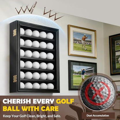 JupDec Golf Ball Display Case Frame for 30 Balls, Dustproof Solid Wood Holder Box with Unobstructed Clear View, Velvet Lined Cabinet with Removable Shelves, Ideal Gift for Golf Fans - size: 1 Pack