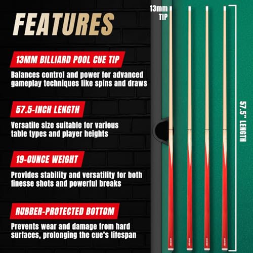 Prosniper Premium Pool Sticks Set of 4 | 58-Inch, 19-Oz Canadian Ashwood Pool Cue with Low-Deflection Shaft & 4 Extra Chalks | Pro-Grade Billiard Cue for Home & Bar Play - color: Red
