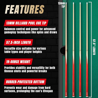 Prosniper Premium Pool Sticks Set of 4 | 58-Inch, 19-Oz Canadian Ashwood Pool Cue with Low-Deflection Shaft & 4 Extra Chalks | Pro-Grade Billiard Cue for Home & Bar Play - color: Red
