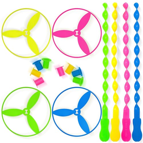40 Pcs Large Flying Helicopter Toy Flying Disc Plastic Propeller Spinner Bamboo Dragonfly Flyer Saucers with Launchers Kids Party Favors Gifts