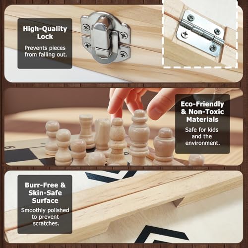 4 in 1 Wooden Fodable Fast Sling Puck Game Set – Chess, Tic Tac Toe, Checkers Board Game for Kids & Adults, Portable Tabletop Family Toy for Travel & Game Night