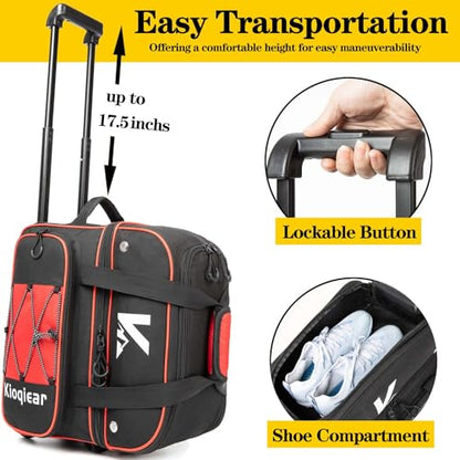 Double Roller 2 Ball Bowling Bag with Large Separate Shoe Compartment and Oversized Accessory Pocket, 36" Extendable Handle. - color: RED