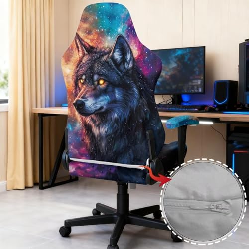 Wolf Galaxy Print Computer & Gaming Chair Slipcover Dust-Proof Elastic Game Chair Cover with Armrest Covers Easy to Install Universal Fit Office Desk & Racing Computer Gamer Chairs - color: Multi - Wolf Galaxy