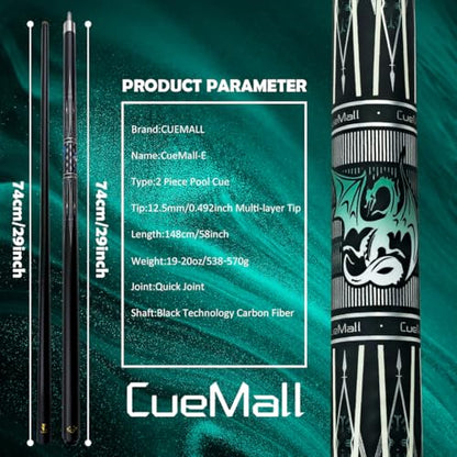 CueMall 58" 2-Piece Billiard Pool Cue Sticks,12.5mm Fiberglass Graphite Composite Billiard Cue Sticks,19oz Pool Sticks Tacos de billar for Adults Men/Women, House or Commercial/Bar Use - color: CueMall-E