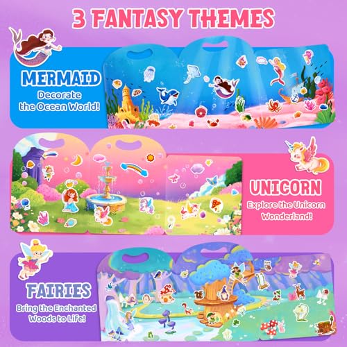 JoyCat Reusable Sticker Book Set (3-Pack): Unicorn, Fairies, Mermaid - 90 Pcs Stickers for Toddlers, Kids Sticker Activity Book, Road Trip Travel Toys, Party Favors, Birthday Gifts for Baby Girls - style: 3-Pack: Unicorn, Fairies, Mermaid