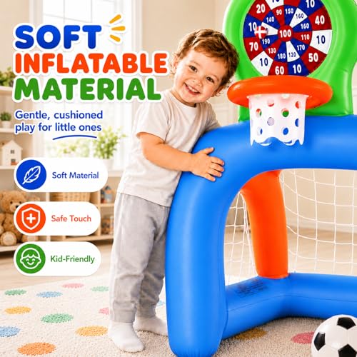 Toddler Soccer Goal & Basketball Hoop Set for Ages 2-4, 3-in-1 Inflatable Kids Sports Center with Sticky Ball Target, Indoor Outdoor Soccer Net Birthday Gift for Boys Girls