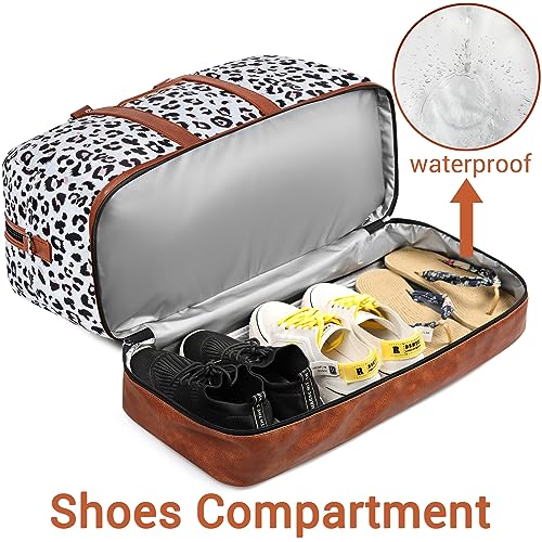 Weekender Bag for Women, Large Overnight Bag Canvas Travel Duffel Bag Carry On Tote with Shoe Compartment 21" 3Pcs Set - color: A17-brown+gray leopard