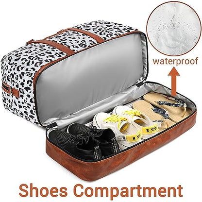 Weekender Bag for Women, Large Overnight Bag Canvas Travel Duffel Bag Carry On Tote with Shoe Compartment 21" 3Pcs Set - color: A17-brown+gray leopard