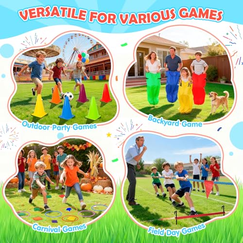 77 Pcs Potato Sack Race Bags, 8-in-1 Outdoor Carnival Games for Kids and Adults, Bean Bags Ring Toss, Tug of War Rope, Megaphone, Field Day Games for Lawn, Backyard, School, Birthday, Family, Beach