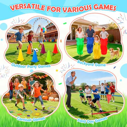 77 Pcs Potato Sack Race Bags, 8-in-1 Outdoor Carnival Games for Kids and Adults, Bean Bags Ring Toss, Tug of War Rope, Megaphone, Field Day Games for Lawn, Backyard, School, Birthday, Family, Beach