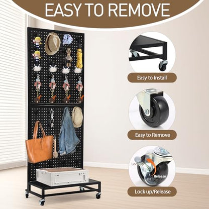 Eastern Tree Metal Pegboard Display Stand 2'x 5'with Base Plate, Pegboard Panels Display with Wheels, Peg Board Display Rack, Standing Pegboard Display with 30 Hooks - Black - color: Black
