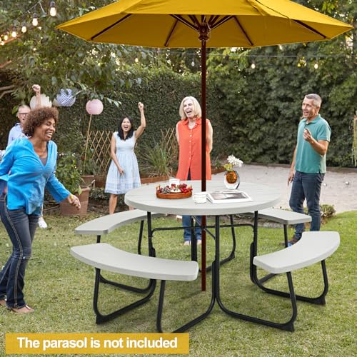 Tangkula 8 Person Picnic Table, Outdoor Round Picnic Table with 4 Built-in Benches, Umbrella Hole, Metal Frame & HDPE Tabletop, Outside Table and Bench Set for Backyard, 2300lbs Weight Capacity - color: White