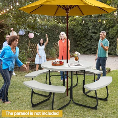 Tangkula 8 Person Picnic Table, Outdoor Round Picnic Table with 4 Built-in Benches, Umbrella Hole, Metal Frame & HDPE Tabletop, Outside Table and Bench Set for Backyard, 2300lbs Weight Capacity - color: White