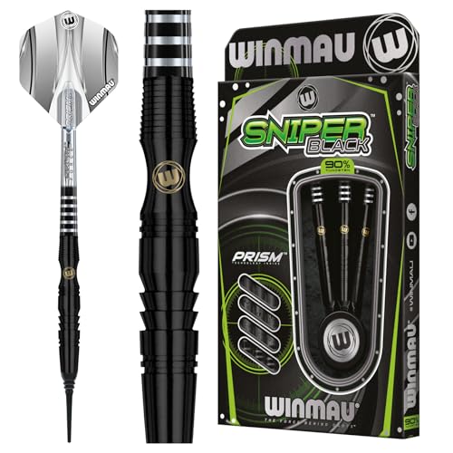 Winmau Sniper Black Professional Darts Set - 90% Tungsten Darts with Flights & Shafts - Match-Weighted Barrels for Steel Tip & Soft Tip Darts - Available in 18g to 24g Weights