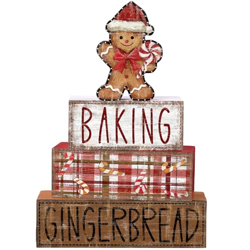 DIYDEC 4Pcs Christmas Table Decoration Gingerbread Man Wooden Block Sign Christmas Tiered Tray Decor Centerpiece Decorative Sign for Xmas Holiday Tabletop Coffee Fireplace Shelf Desk Party Decor - style: Gingerbread Man