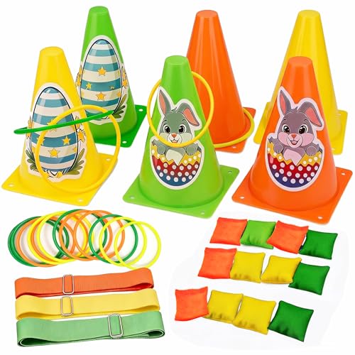 4-in-1 Plastic Carnival Party Games Set,Includes Ring Toss Games, Bean Bag Toss Games, Cones & 3-Legged Race Games, Sports & Outdoor Game Toys for Backyard, Birthday & Family Party