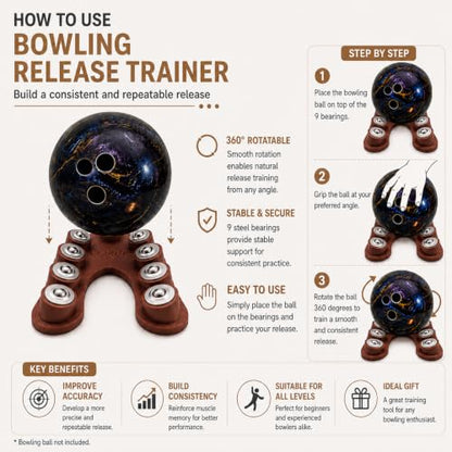 Bowling Release Trainer, Bowling Ball Spinner with 9 Bearings, Bowling Ball Release Trainer for Hook and Rev Practice, Curved Base Bowling Equipment with Anti-Slip Pads & Velvet Bag - color: Brown
