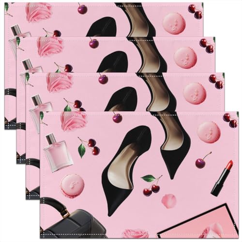 Erosebridal High Heel Placemats Set of 4 12x18 Handbag Place Mat for Girls Women Rose Cherry Macarons Fantasy Pink Black Heat Resisting Table Mats - color: Pink Black