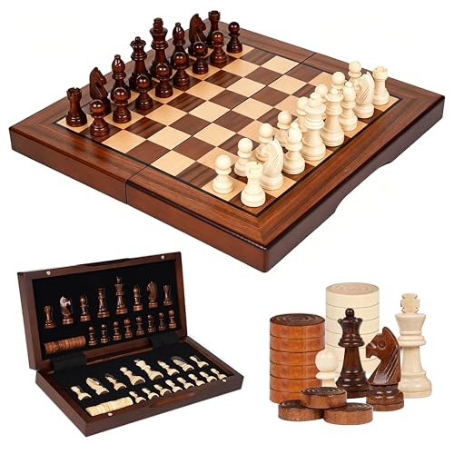 Rinten 12" Wooden Chess and Checkers Set, 2-in-1 Magnetic Chess Board with Built-in Storage Slots, Foldable Travel Board Game for Kids and Adults, Portable Wooden Toy for Family Road Trip - color: Wood-brown, size: 12 IN